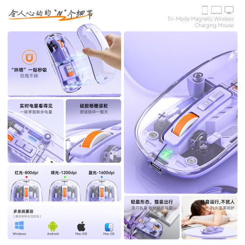 透明無線磁吸三模滑鼠充電款透明滑鼠筆電桌上型電腦通用藍牙滑鼠