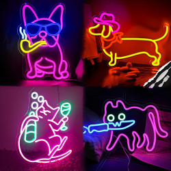 臘腸犬鬭牛犬喝酒貓滑板狗霓虹燈usb供電月亮貓led燈牌