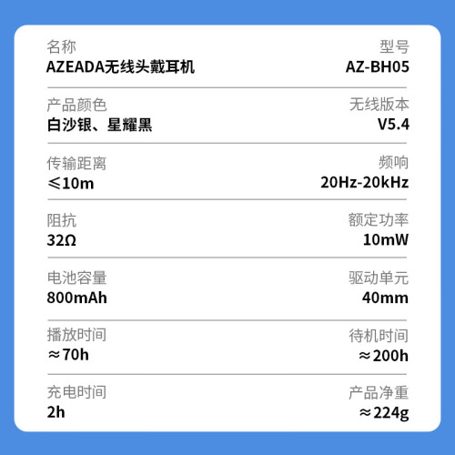 AZEADA無線藍牙耳機頭戴式 音樂電競遊戯超長續航頭 戴耳機禮品