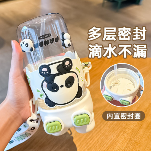 簡約熊貓雙飲水杯學生卡通夏天吸管杯女生可攜式高顔值兒童塑膠杯批