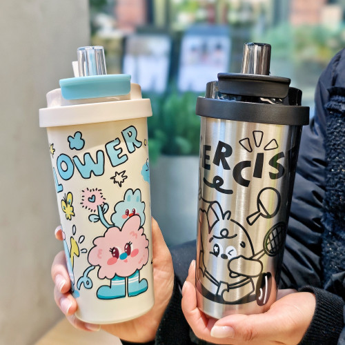 可愛卡通咖啡杯可攜式小年輕真空吸管杯高顔值不鏽鋼水杯禮品杯