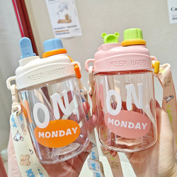 水杯ins吸管杯女學生夏季高顔值可愛可攜式可斜背韓版塑膠雙飲杯子