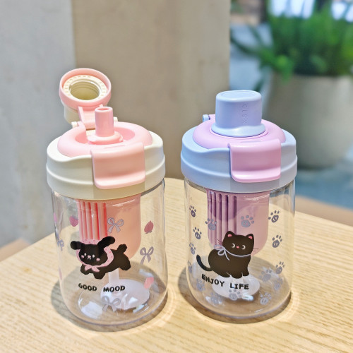 新款動物茶隔塑膠杯可愛雙飲吸管杯可攜式高顔值女生水杯禮品杯
