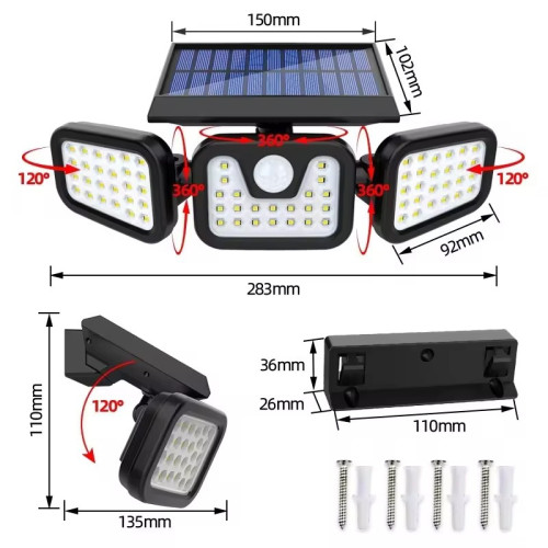 新款74LED太陽能感應燈三頭可旋轉感應壁燈戶外花園燈車庫燈
