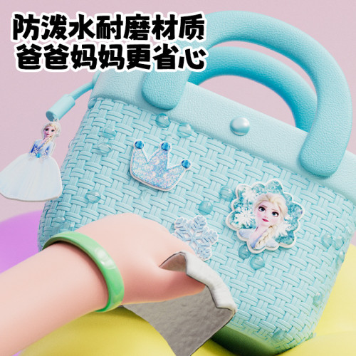 艾莎公主兒童斜後背包防水防震單肩包女孩可愛零錢包竹編紋理手提包
