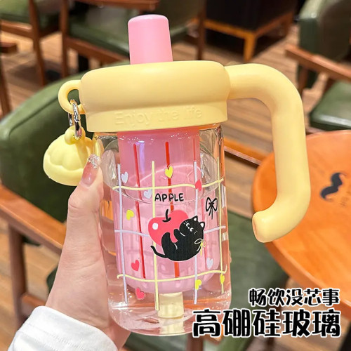 玻璃吸管杯女生高顔值水杯2025新款耐高溫家用辦公室外出可攜式杯子