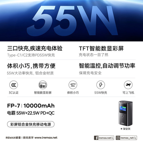 Remax 55W快充充電寶10000安培筆電充電寶手機行動電源數顯禮品