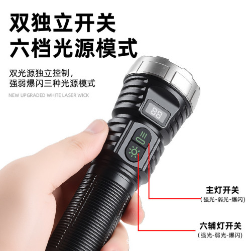 Led遠射雷射可攜式手電數顯充電應急燈巡邏防汛戶外強光手電筒