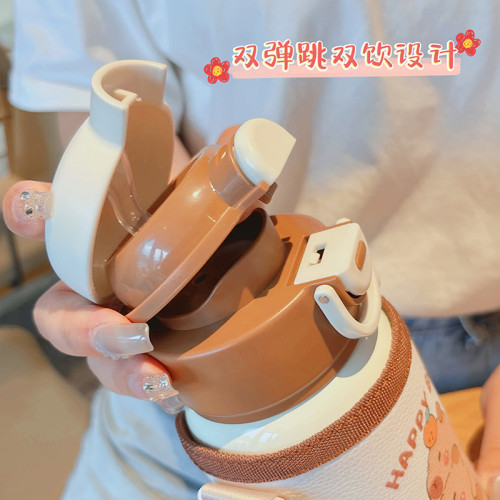 新網紅拉布布卡通雙飲兒童保溫杯316不鏽鋼兒童食品級吸管杯杯批