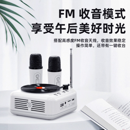 原子黑膠唱片機k歌藍牙音箱雙麥克風創意復古畱聲音響收音機話筒