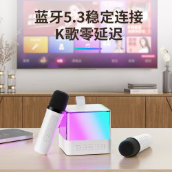 新款LED炫彩家用兒童K歌迷你音響 可攜式帶麥克風話筒一體藍牙音響