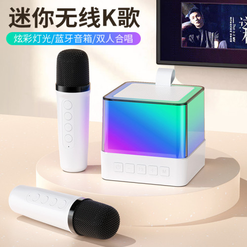 新款LED炫彩家用兒童K歌迷你音響 可攜式帶麥克風話筒一體藍牙音響