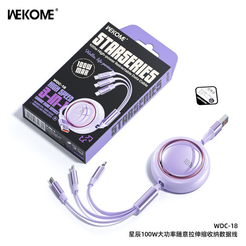 WEKOME爆款100W伸縮收納數據線拉 適用蘋果華爲車用一拖三充電線