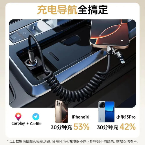 四合一彈簧240W香薰快充線適用於蘋果安卓typec數據線車用投影