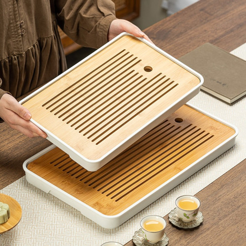 家用茶盤乾泡台托盤小型瀝儲水式茶台功夫茶具密胺竹製茶海方形無
