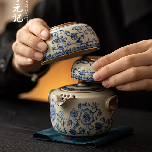 青花汝窰一壺兩杯戶外旅行茶具套裝可攜式包茶壺茶杯一人飲快客杯