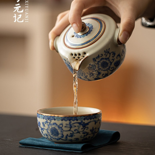 青花汝窰一壺兩杯戶外旅行茶具套裝可攜式包茶壺茶杯一人飲快客杯