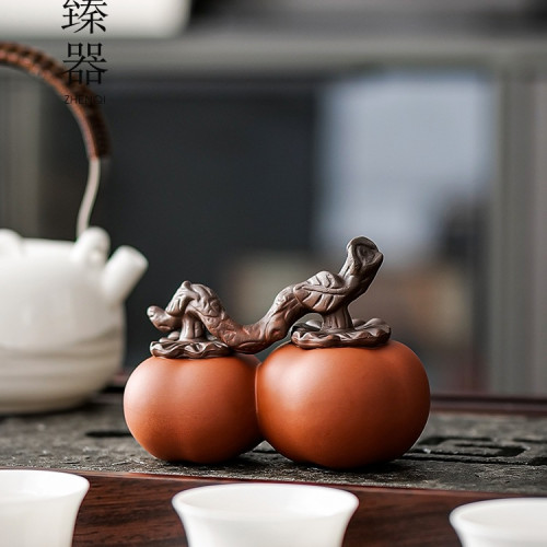 紫砂柿子茶寵擺件可養小茶玩好事成雙工藝品水果茶道配件