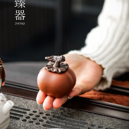 紫砂柿子茶寵擺件可養小茶玩好事成雙工藝品水果茶道配件