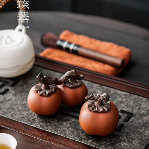 紫砂柿子茶寵擺件可養小茶玩好事成雙工藝品水果茶道配件