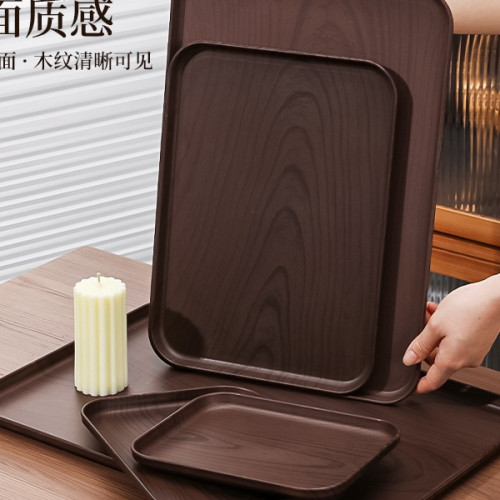創意仿木紋托盤長方形家用水杯茶杯收納茶盤塑膠商用蛋糕甜品餐盤