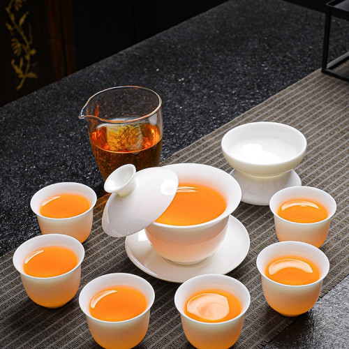 懸停羊脂玉茶具陶瓷過濾蓋碗茶杯茶壺禮盒白瓷家用金邊德化瓷
