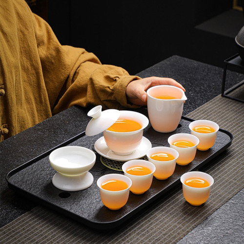 懸停羊脂玉茶具陶瓷過濾蓋碗茶杯茶壺禮盒白瓷家用金邊德化瓷