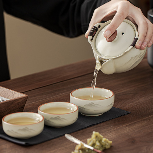 汝窰旅行茶具套裝一壺三杯手抓壺蓋碗戶外可攜式泡茶快客杯