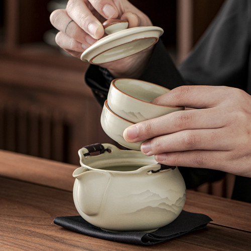 汝窰旅行茶具套裝一壺三杯手抓壺蓋碗戶外可攜式泡茶快客杯