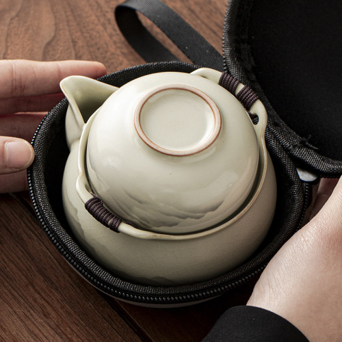 汝窰旅行茶具套裝一壺三杯手抓壺蓋碗戶外可攜式泡茶快客杯
