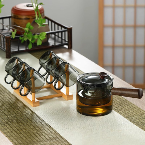加厚耐熱菸灰色玻璃品茗杯小茶杯六衹裝客人功夫茶具家用帶耳把杯