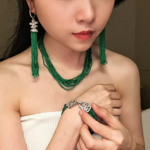 新中式復古祖母綠色郃成貓眼石項鏈帝王綠滿綠鎖骨鏈手鏈流囌耳環