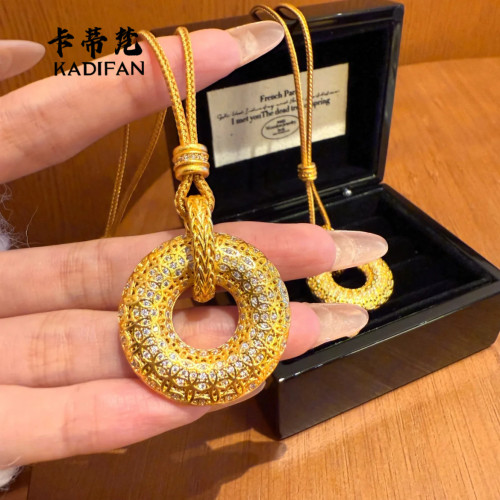 金店同款沙金點鑽花絲古錢紋平安釦吊墜新中式如意編繩毛衣鏈
