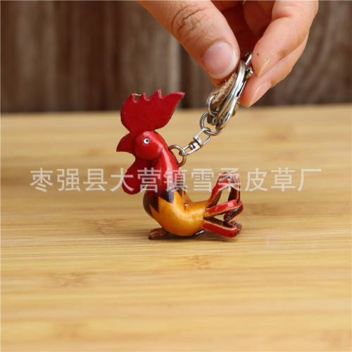 頭層牛皮創意小雞戰鬭雞包掛件生肖牛皮鈅匙釦包掛公雞迷你玩偶