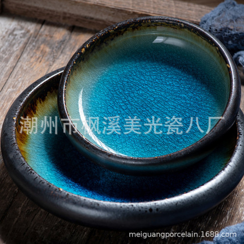 美光燒潮州瓷都冰裂釉陶瓷碟日式玻璃碟甜品碟創意裂紋沙拉碟批發
