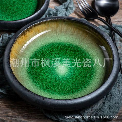 美光燒潮州瓷都冰裂釉陶瓷碟日式玻璃碟甜品碟創意裂紋沙拉碟批發