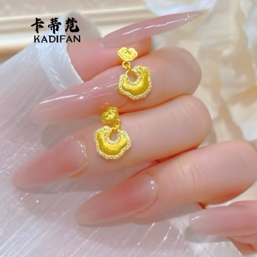 金店同款沙金點鑽拉絲祥雲福祿耳釘古法黃金色輕奢高級感耳飾