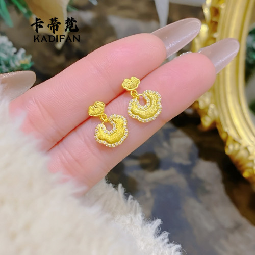 金店同款沙金點鑽拉絲祥雲福祿耳釘古法黃金色輕奢高級感耳飾