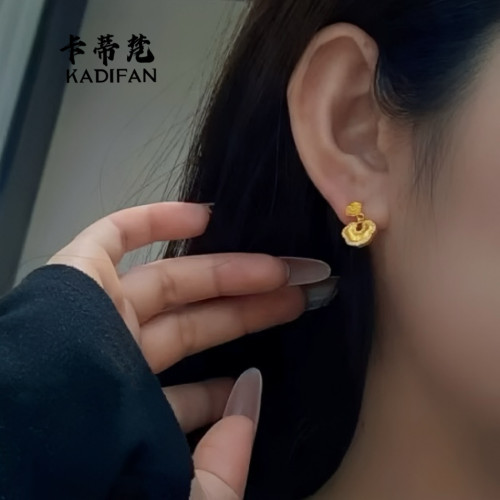 金店同款沙金點鑽拉絲祥雲福祿耳釘古法黃金色輕奢高級感耳飾