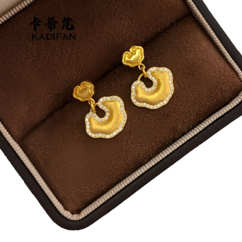 金店同款沙金點鑽拉絲祥雲福祿耳釘古法黃金色輕奢高級感耳飾