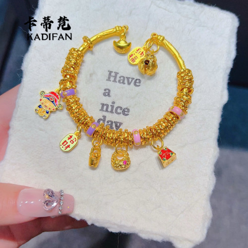新中式古法沙金琺瑯吉言稱心如意葫蘆鎚紋磐纏手鐲多寶小財神錢串