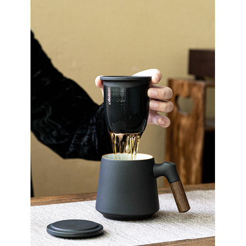黑陶茶盃家用陶瓷辦公室帶蓋過濾茶水分離個人專用男女士泡茶水盃