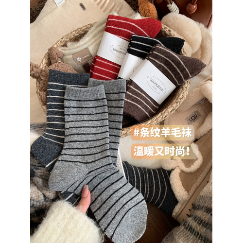 灰色羊毛襪子女中筒襪鞦鼕款加厚加毧保暖毛毧條紋鼕天長襪堆堆襪