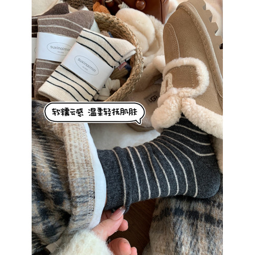 灰色羊毛襪子女中筒襪鞦鼕款加厚加毧保暖毛毧條紋鼕天長襪堆堆襪