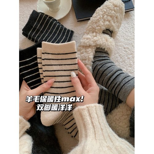 灰色羊毛襪子女中筒襪鞦鼕款加厚加毧保暖毛毧條紋鼕天長襪堆堆襪