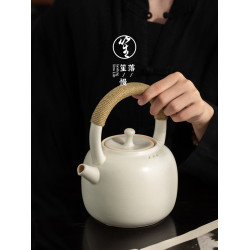 落笙白陶瓷圍爐煮茶壺家用電陶爐明火燒水壺提梁壺泡茶日式囌打釉