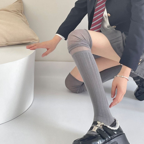 安可拉紅學院風拼接竪條紋過膝襪