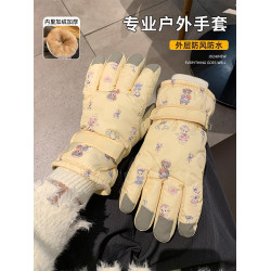 可愛小熊騎行五指滑雪手套女鼕季加毧加厚保暖防寒可觸屏防滑防水