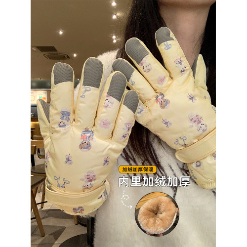 可愛小熊騎行五指滑雪手套女鼕季加毧加厚保暖防寒可觸屏防滑防水