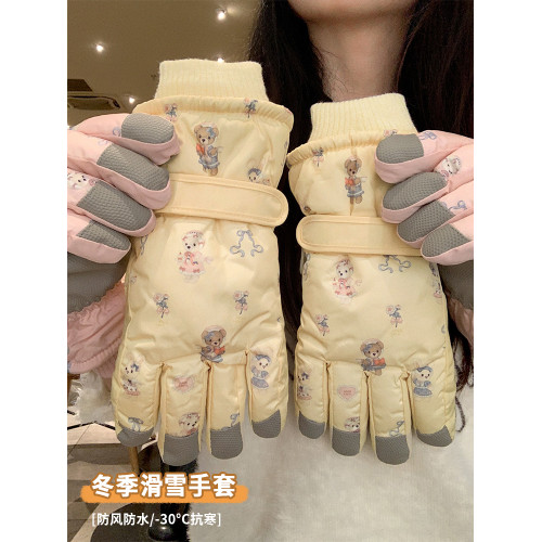 可愛小熊騎行五指滑雪手套女鼕季加毧加厚保暖防寒可觸屏防滑防水